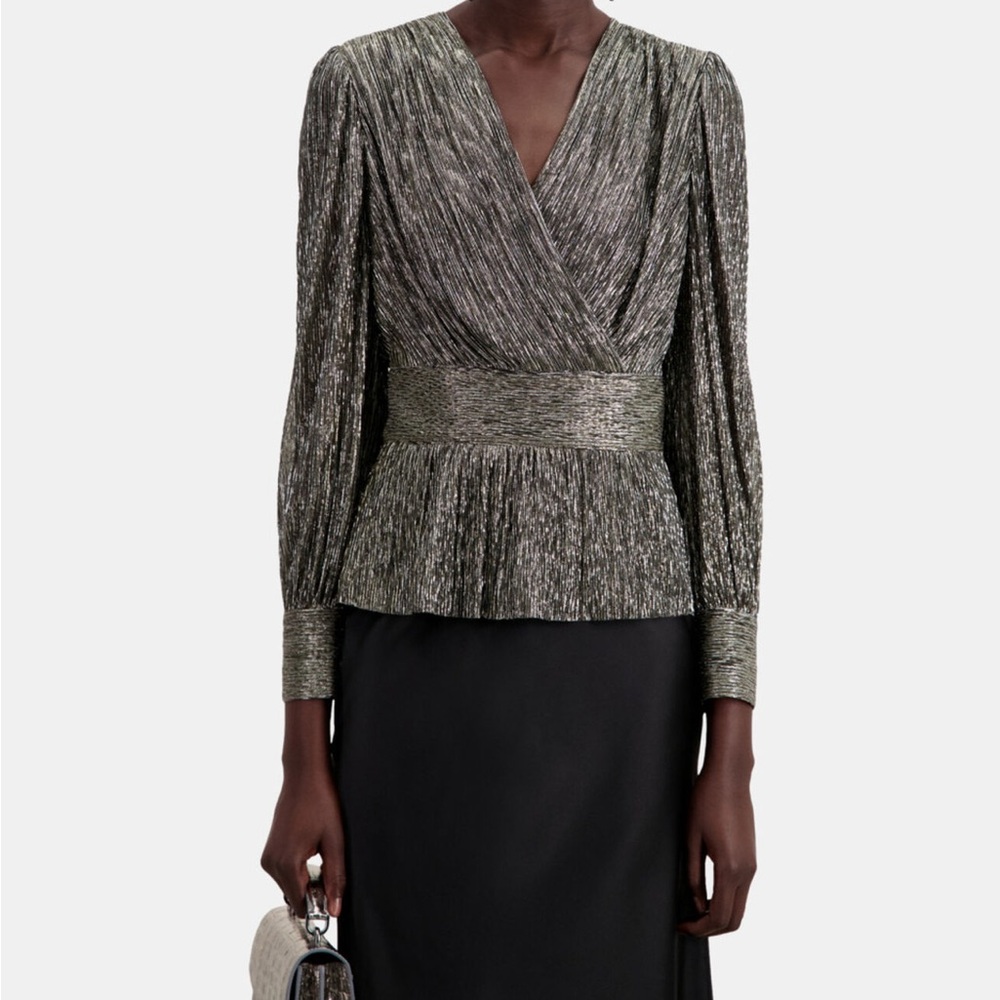 The Kooples Silver Shimmer Wrap Blouse – Peplum (Size 3 / Large)